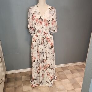 Amazon Essentials Rosette Floral Sheer Long Line Maxi Faux Wrap Dress Feminine